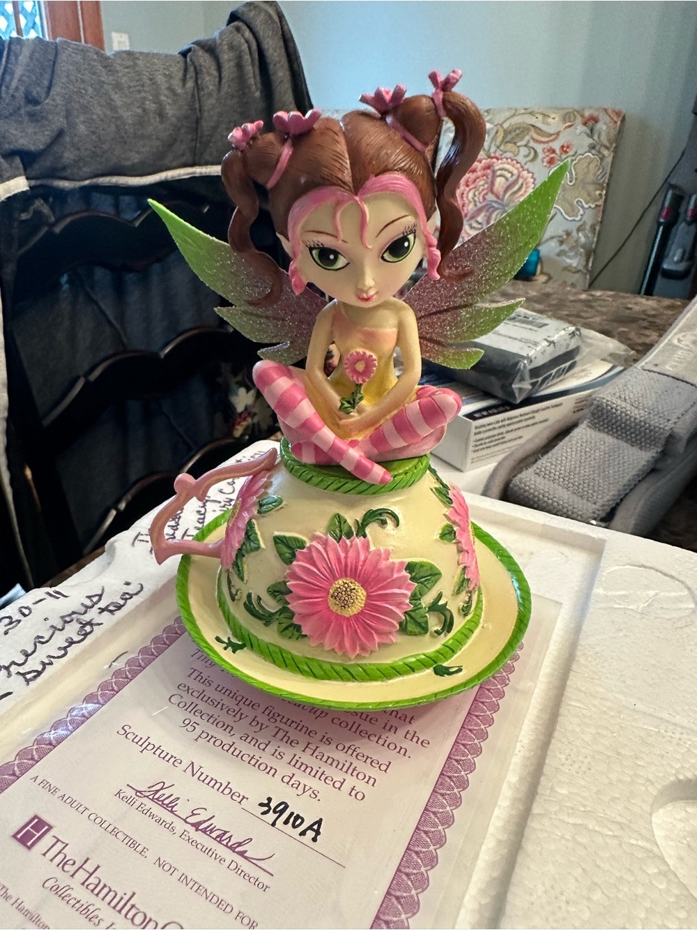 Jasmine becket Griffith Fairy Figurine with Pink Flowers and Green Wings